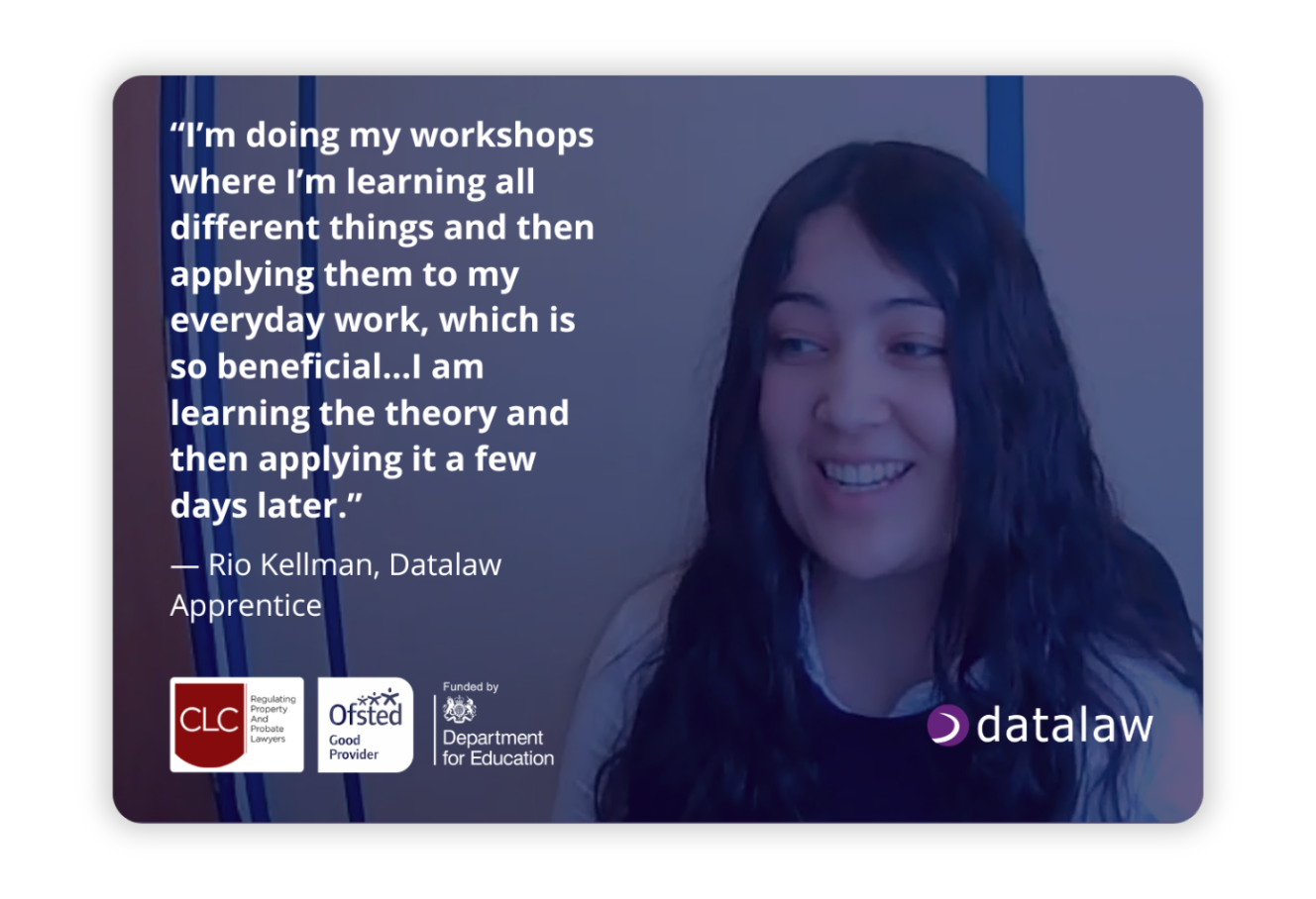 Smiling young woman with long dark hair wearing a dark blue top, appearing to be on a video call or virtual meeting. Testimonial quote about her conveyancing apprenticeship experience reads: 'I'm doing my workshops where I'm learning all different things and then applying them to my everyday work, which is so beneficial...I am learning the theory and then applying it a few days later.' - Rio Kellman, Datalaw Apprentice. Image features CLC (Council for Licensed Conveyancers) logo, Ofsted Good Provider certification, Department for Education funding acknowledgment, and Datalaw branding, showcasing the practical application of learning in their conveyancing apprenticeship programs.
