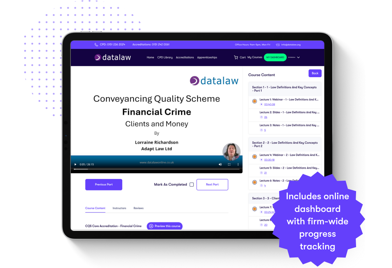 cqs-accreditation-law-society Datalaw online training platform showing a CQS Accreditation course on Financial Crime, with firm-wide progress tracking dashboard visible on screen.