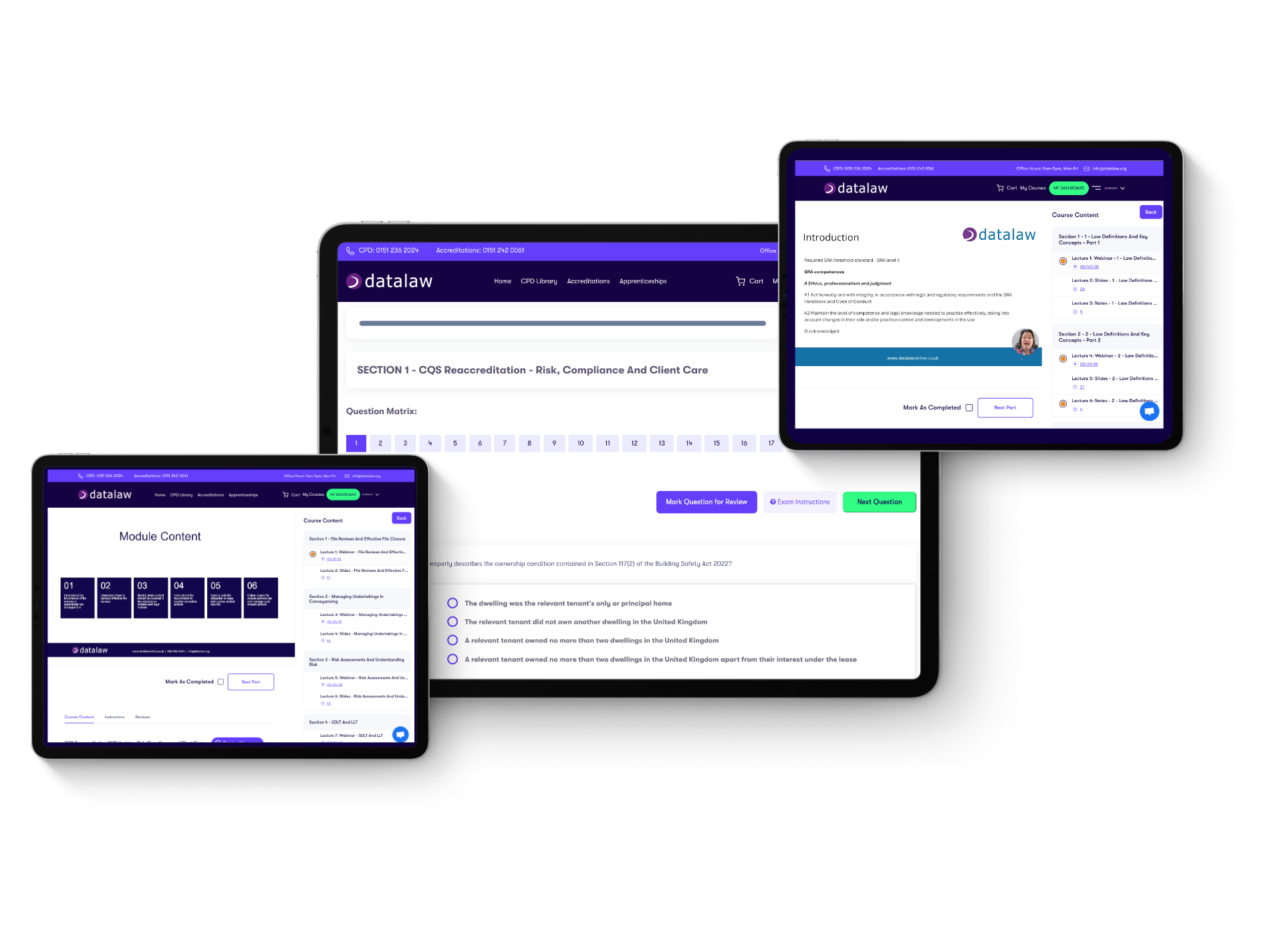 Datalaw Conveyancing quality Scheme CQS platform interface shown across laptop, tablet and mobile devices with course modules and assessment questions visible.