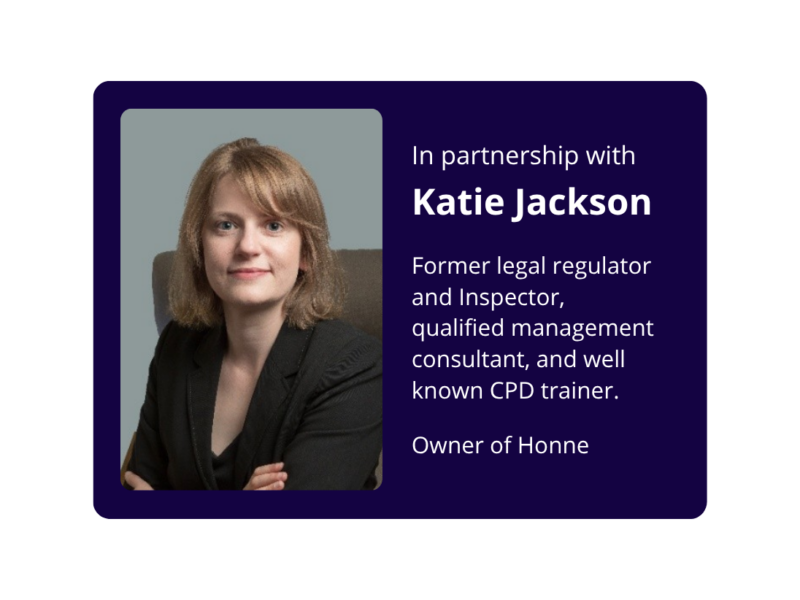Professional headshot of Katie Jackson, former legal regulator and Inspector, qualified management consultant, and CPD trainer. Owner of Honne. Partnership announcement with Datalaw for GDPR Certification.