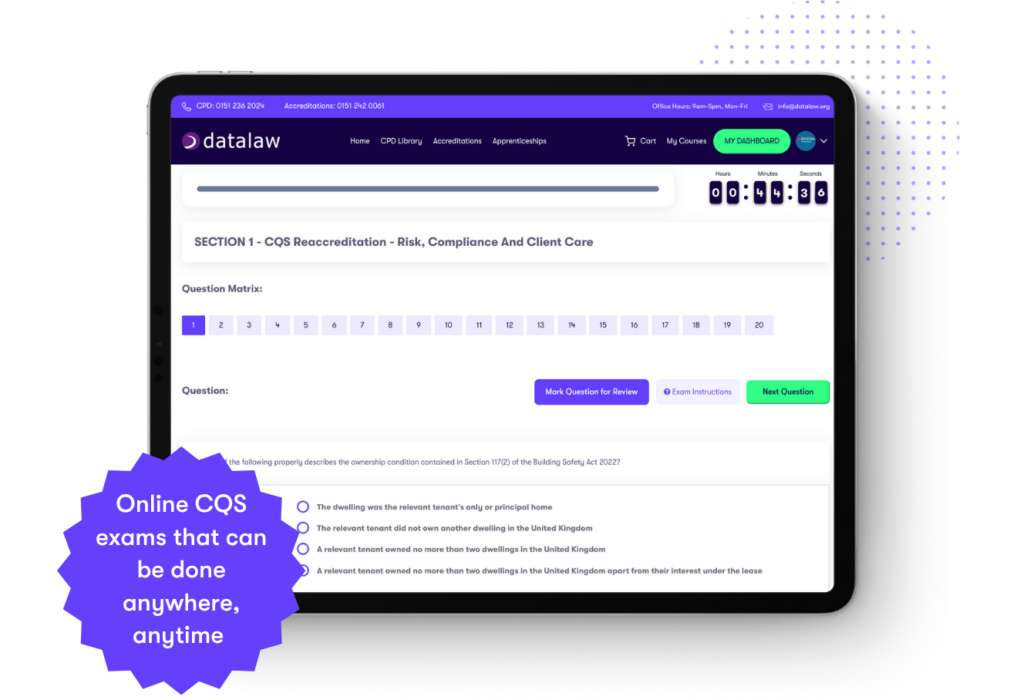 datalaw-cqs-accreditation Datalaw CQS Accreditation Reaccreditation exam interface showing an online multiple-choice assessment on risk, compliance, and client care, with flexible access for legal professionals.