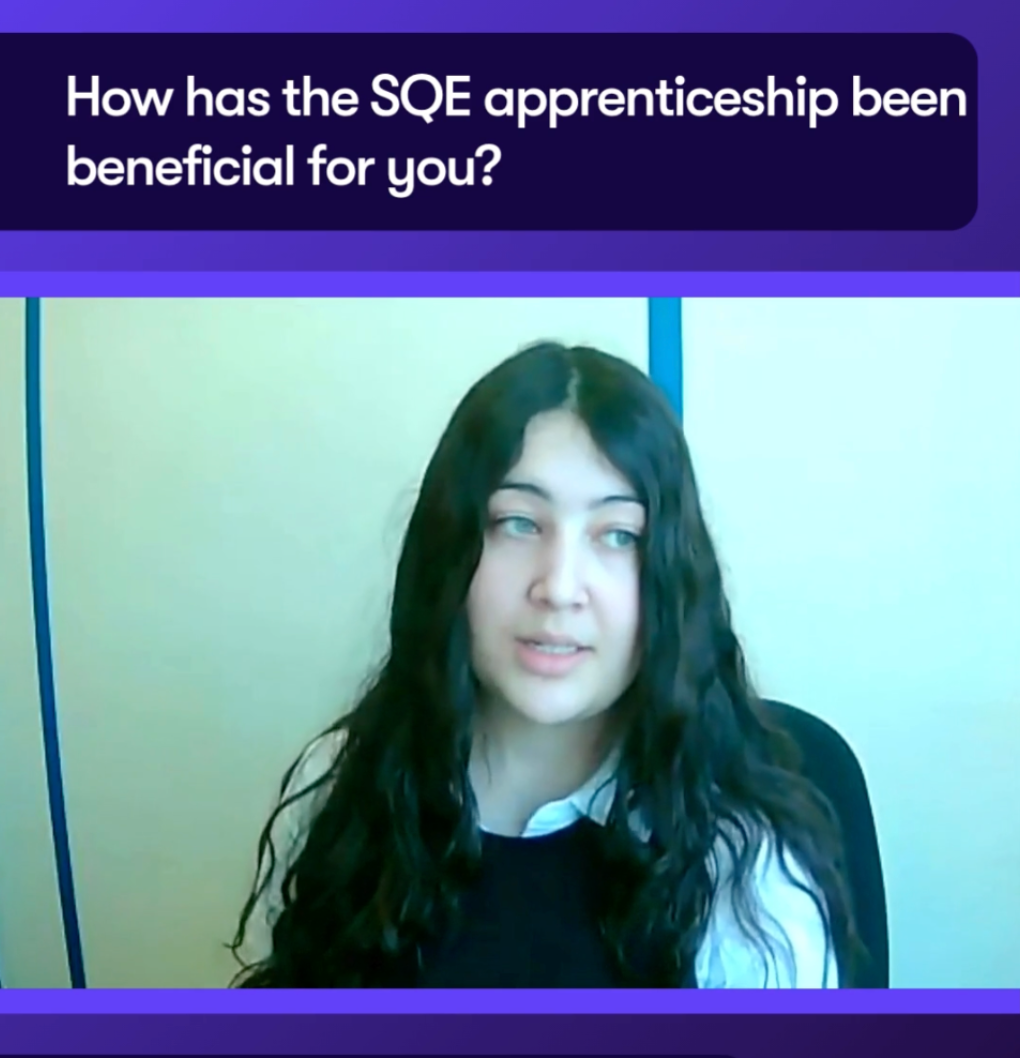 Thumbnail image showing Rio Kellman, an apprentice on Datalaw's SQE Apprenticeship. This thumbnail displays a question "How has the SQE apprenticeship been beneficial for you? and a photo of Rio.