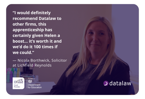 data-protection-course-firm-testimonial Solicitor Nicola Borthwick from Lichfield Reynolds endorses Datalaw’s data protection course and apprenticeship training, stating it gave their team a significant boost and they’d do it 100 times over.