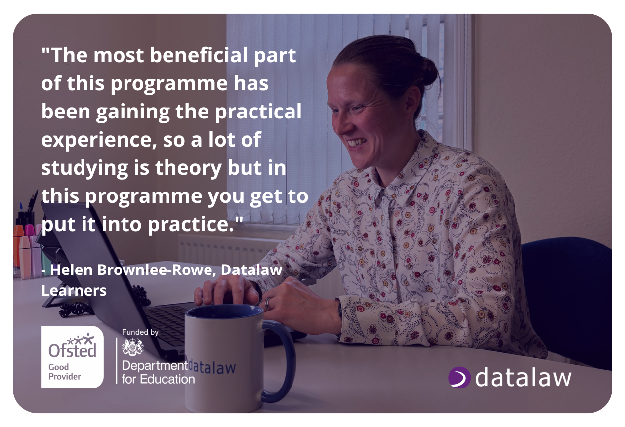gdpr-certification-datalaw-course Datalaw student Helen Brownlee-Rowe smiling while working on a laptop, sharing a testimonial about the practical benefits of the GDPR certification programme. Includes Ofsted and Department for Education logos.