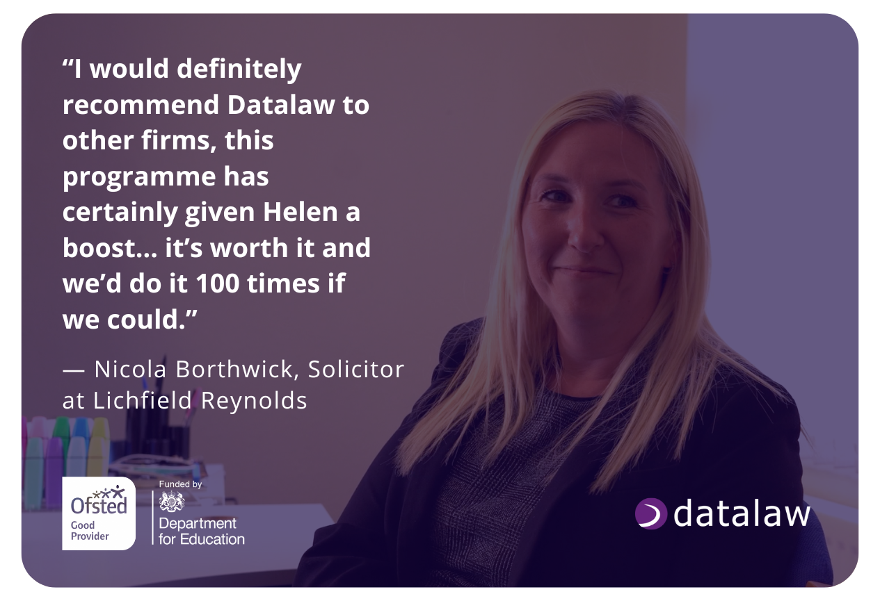 gdpr-certification-for-employers-datalaw Employer testimonial image for Datalaw’s GDPR certification for employers, featuring Nicola Borthwick, Solicitor at Lichfield Reynolds, praising the impact of the programme on staff development. Includes Ofsted and Department for Education logos.