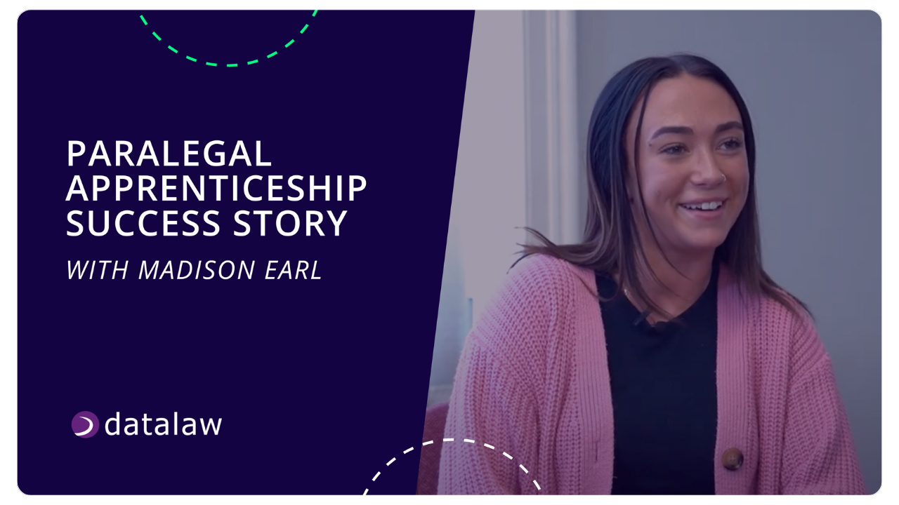 Thumbnail image for a video on "Paralegal Apprenticeship Success Story" with Madison Earl. This is being used to show how to become a paralegal through the government funded apprenticeship routes.