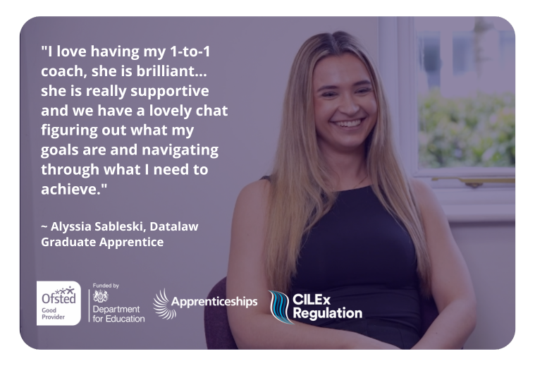 Alyssia Sableski, a Datalaw graduate apprentice, smiling during a testimonial about her 1-to-1 coaching experience, highlighting the personalised support available through solicitor apprenticeships London.