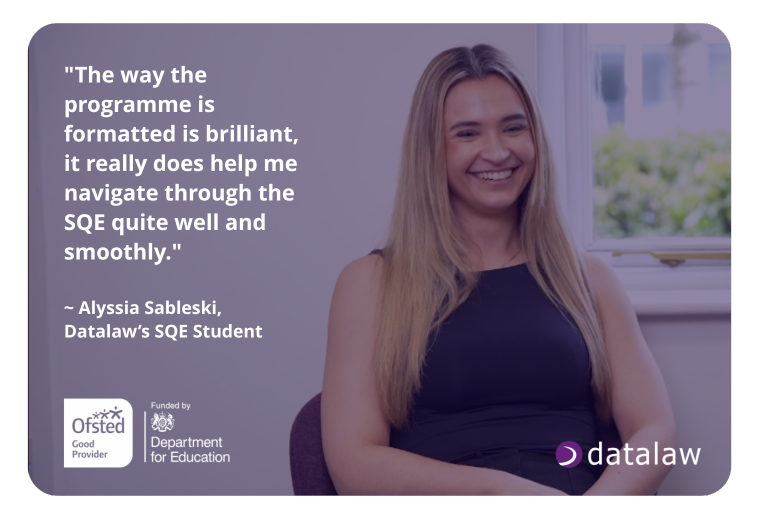 Smiling Datalaw student giving a testimonial about the SQE law programme, with a quote praising the course format and how it helped her navigate the SQE smoothly. Logos for Ofsted and the Department for Education are also visible.