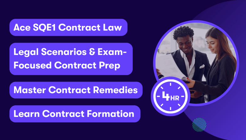 sqe1-contract-law-module Thumbnail for Datalaw’s SQE1 Contract Law module, featuring two professionals reviewing documents, with course highlights such as contract formation, remedies, legal scenarios, and exam-focused preparation in a 4-hour session.