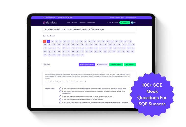sqe1-course-datalaw-features Screenshot of Datalaw’s SQE1 prep platform displayed on a tablet, showing an interactive mock exam interface with a question matrix and answer options. A starburst graphic highlights “100+ SQE Mock Questions for SQE Success.