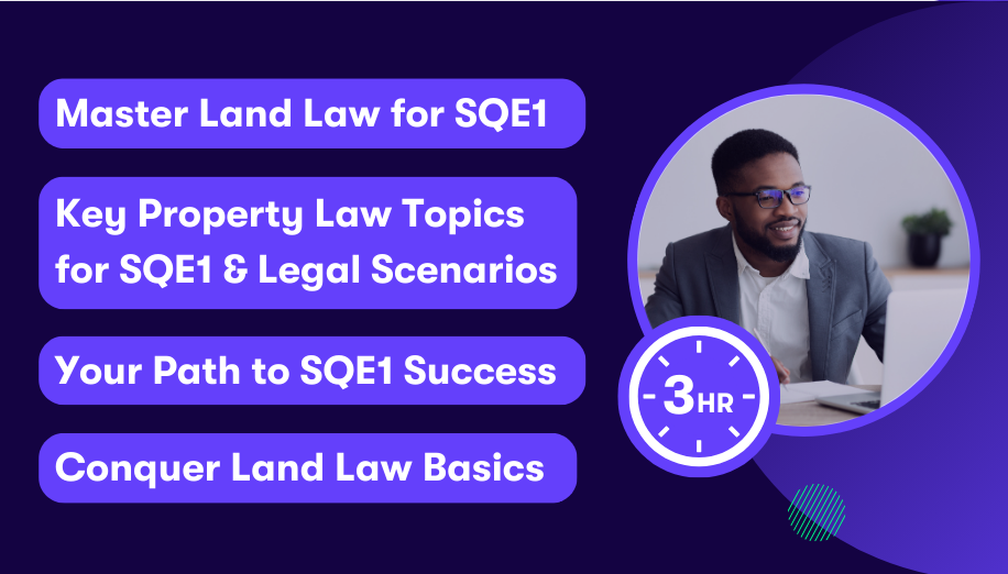 sqe1-land-law Thumbnail for Datalaw’s SQE1 Land Law module, featuring a smiling man studying on a laptop, with highlights on key property law topics, legal scenarios, and foundational land law knowledge in a 3-hour SQE1 prep course.