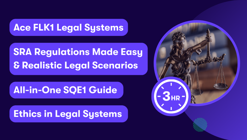 sqe1-legal-systems Visual for Datalaw’s SQE law Legal Systems module, featuring Lady Justice and key course highlights such as SRA regulations, ethics in legal systems, realistic legal scenarios, and a 3-hour all-in-one SQE1 prep guide.