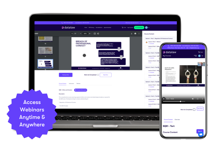 sqe1-online-courses-datalaw Image showing Datalaw’s SQE1 online course platform on a laptop and mobile device, featuring accessible webinars and video lessons with the message “Access Webinars Anytime & Anywhere.”