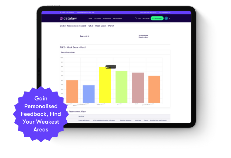 sqe1-prep-course-online Tablet display of Datalaw’s SQE1 prep course performance dashboard, showing a mock exam results chart and personalised feedback feature to help identify weakest subject areas.