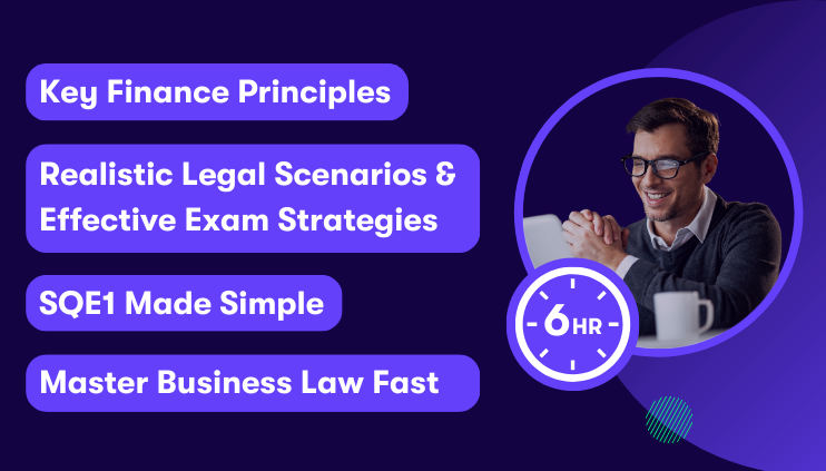 sqelaw-business-law-module Promotional image for Datalaw’s SQE law Business module, featuring a smiling man studying online. Course highlights include key finance principles, legal scenarios, exam strategies, and fast-track business law preparation in a 6-hour format.