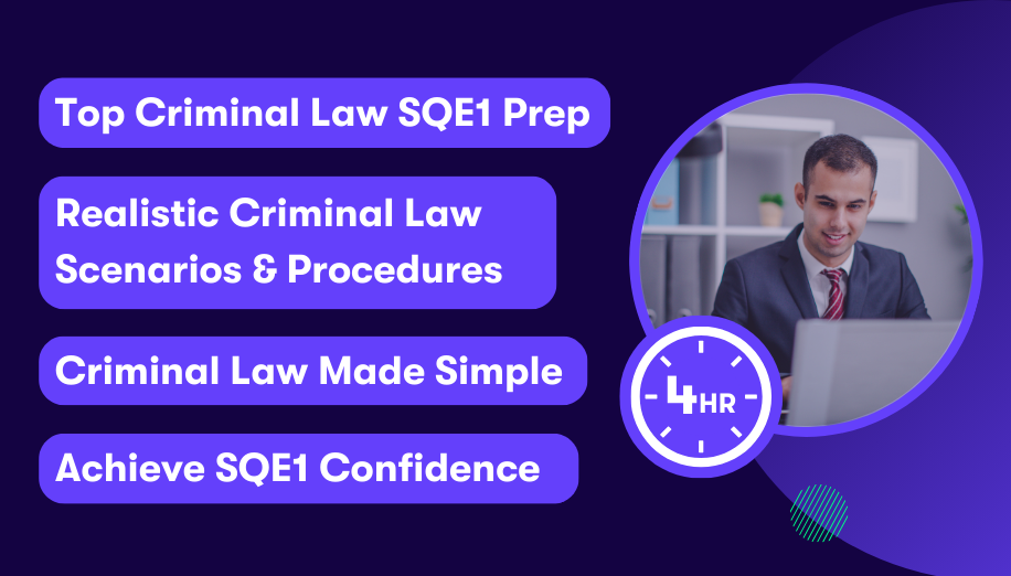 sqelaw-criminal-law-and-practice Promotional image for Datalaw’s SQE Criminal Law module, featuring a professional man studying at a laptop. Highlights include realistic criminal law scenarios, simplified legal procedures, and a 4-hour SQE1 prep course designed to build confidence.