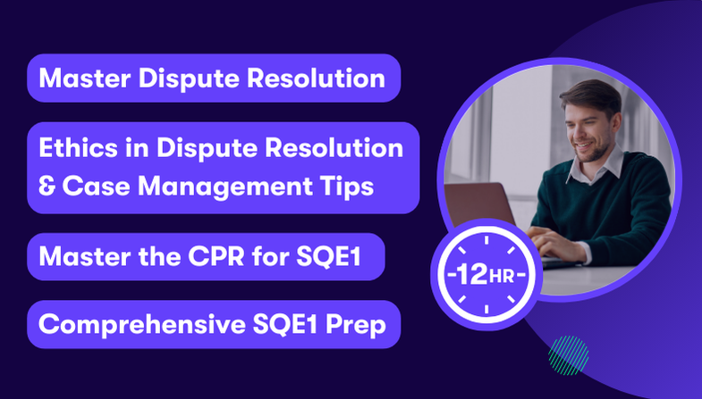 sqelaw-dispute-resolutionpng Promotional image for Datalaw’s SQE law Dispute Resolution module, featuring a man studying on a laptop. Course highlights include ethics in dispute resolution, case management tips, mastering the Civil Procedure Rules (CPR), and 12 hours of comprehensive SQE1 prep.