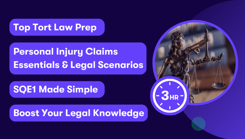 tort-sqelaw-sqe1 Promotional image for Datalaw’s SQE law Tort module, featuring a statue of Lady Justice and highlights such as personal injury claims, legal scenarios, simplified SQE1 prep, and a 3-hour course to boost legal knowledge.