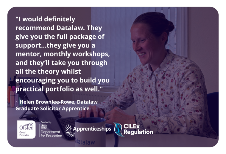 A smiling graduate solicitor apprentice sits at a desk with a Datalaw mug, sharing a testimonial about the support received during the programme. The quote highlights mentoring, monthly workshops, theory, and practical portfolio development. Logos for Ofsted, Department for Education, Apprenticeships, and CILEx Regulation are shown, promoting government-funded degree apprenticeships in law.