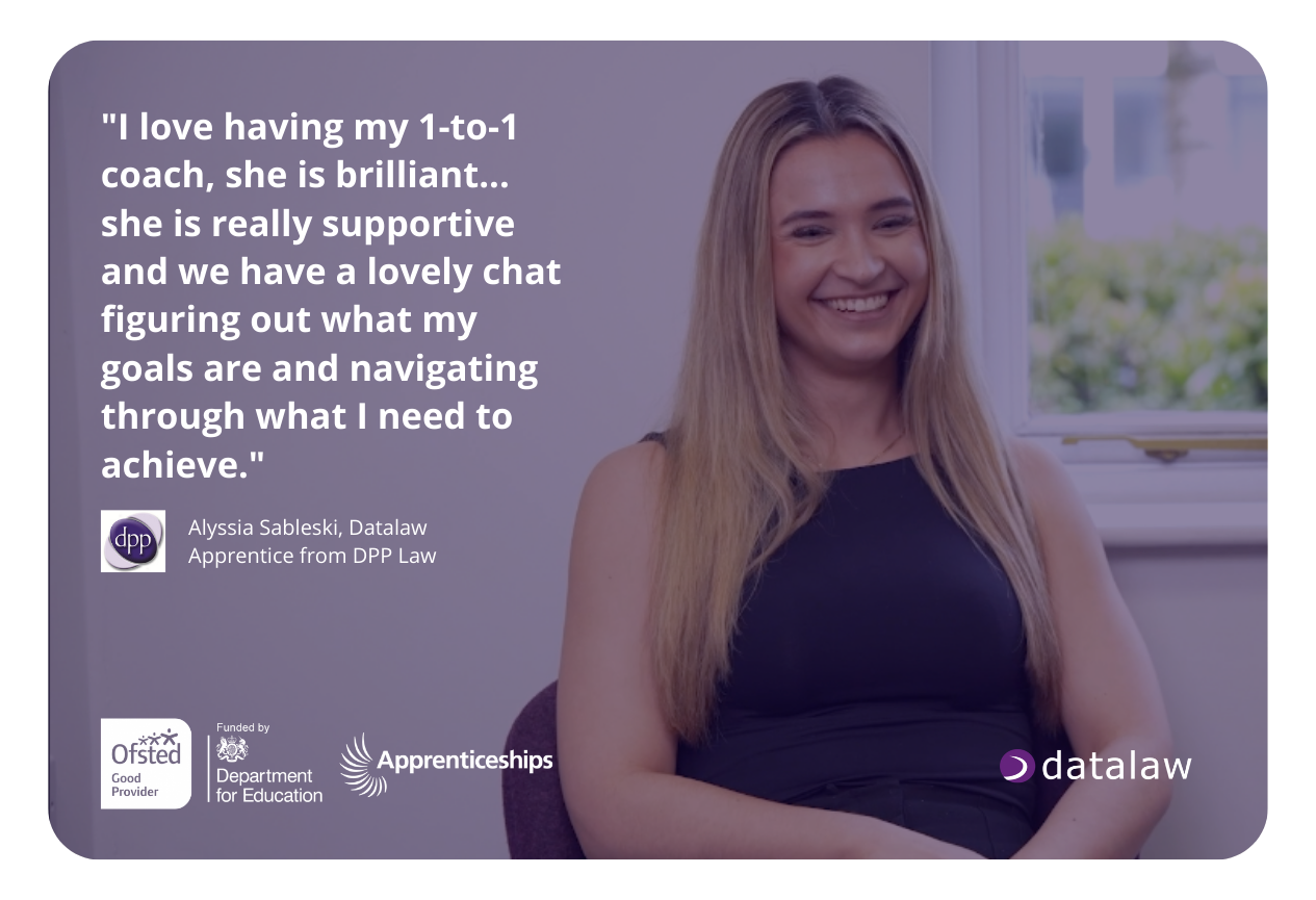 Marketing Apprenticeships testimonial image showing a smiling apprentice sitting indoors, overlaid with a quote praising one-to-one coaching support and guidance in achieving career goals, alongside Ofsted, Department for Education, Apprenticeships and Datalaw logos.